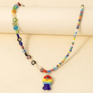 Striped Fish Pendant Floral Colorful Beaded Necklace