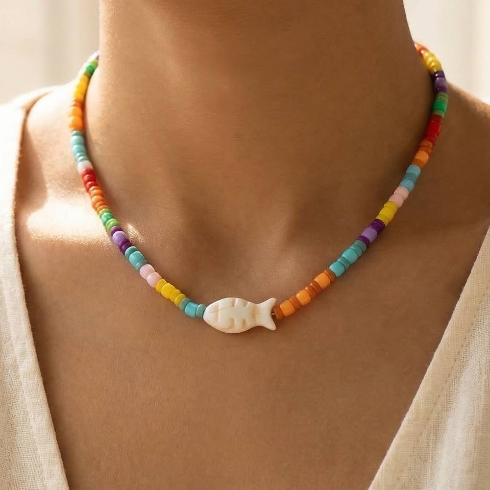 Fish Pendant Vibrant Mixed Beaded Necklace