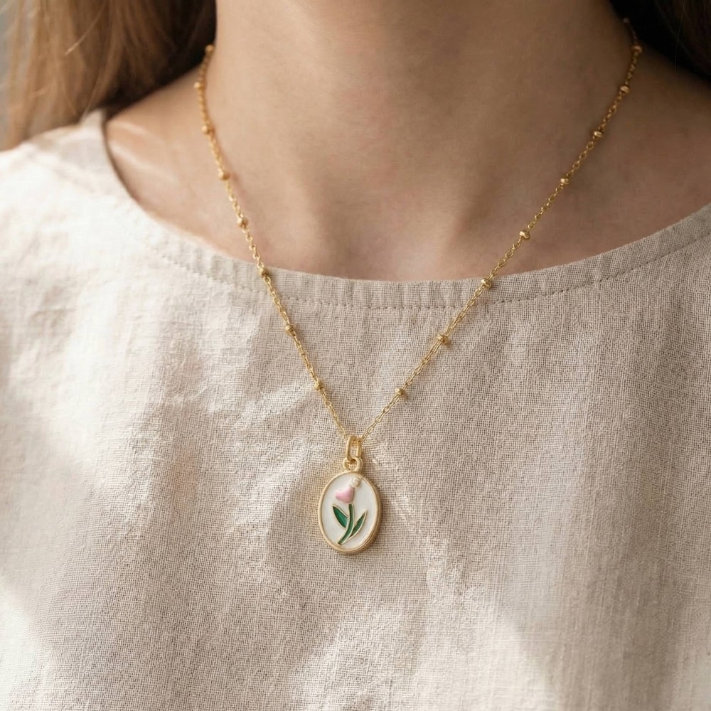 Stainless Steel Enamel Tulip Oval Pendant Necklace