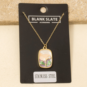 Stainless Steel Pearl & Glitter Rectangle Pendant Necklace