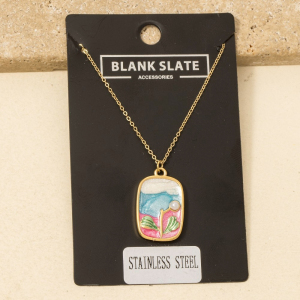 Stainless Steel Pearl Stud And Glitter Rectangle Pendant Necklace