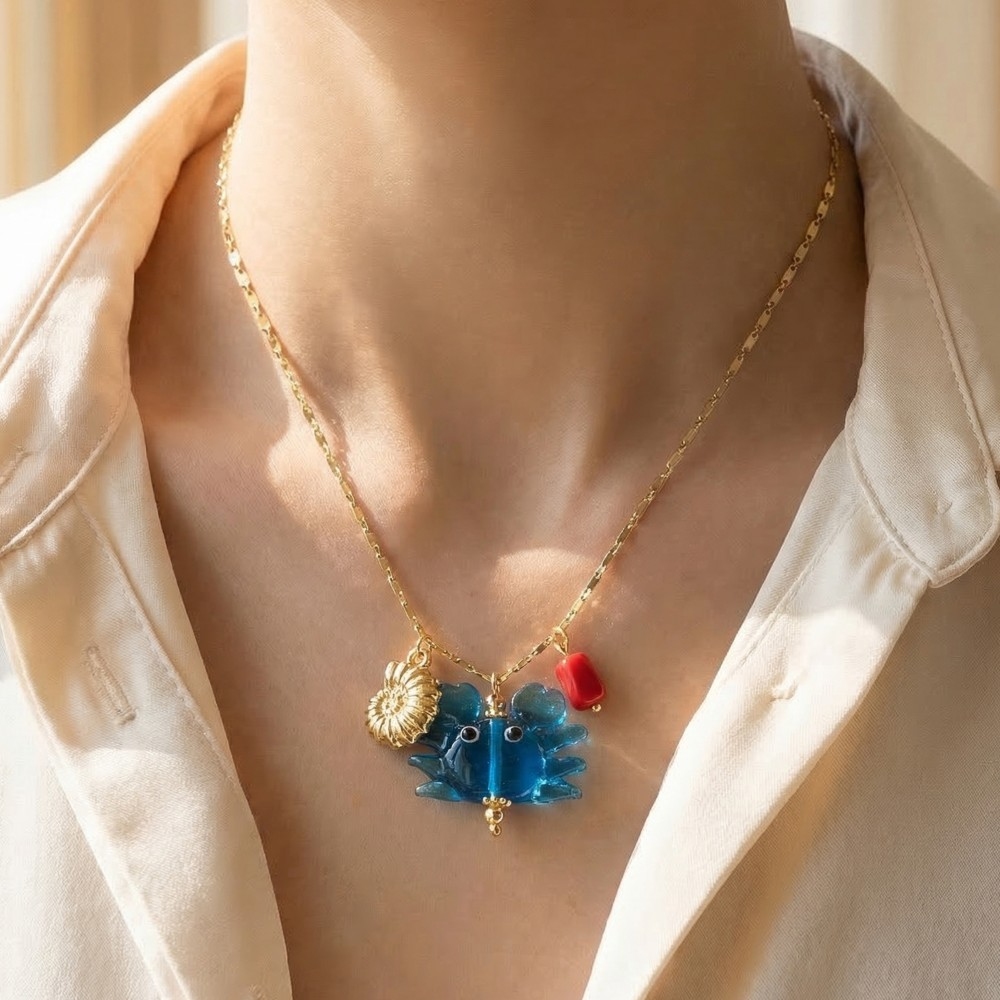 Blue Crab Seashell And Bead Multi Pendant Chain Necklace