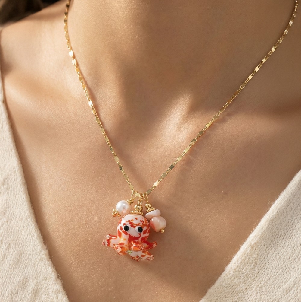 Vibrant Octopus And Pearl Multi Pendant Chain Necklace