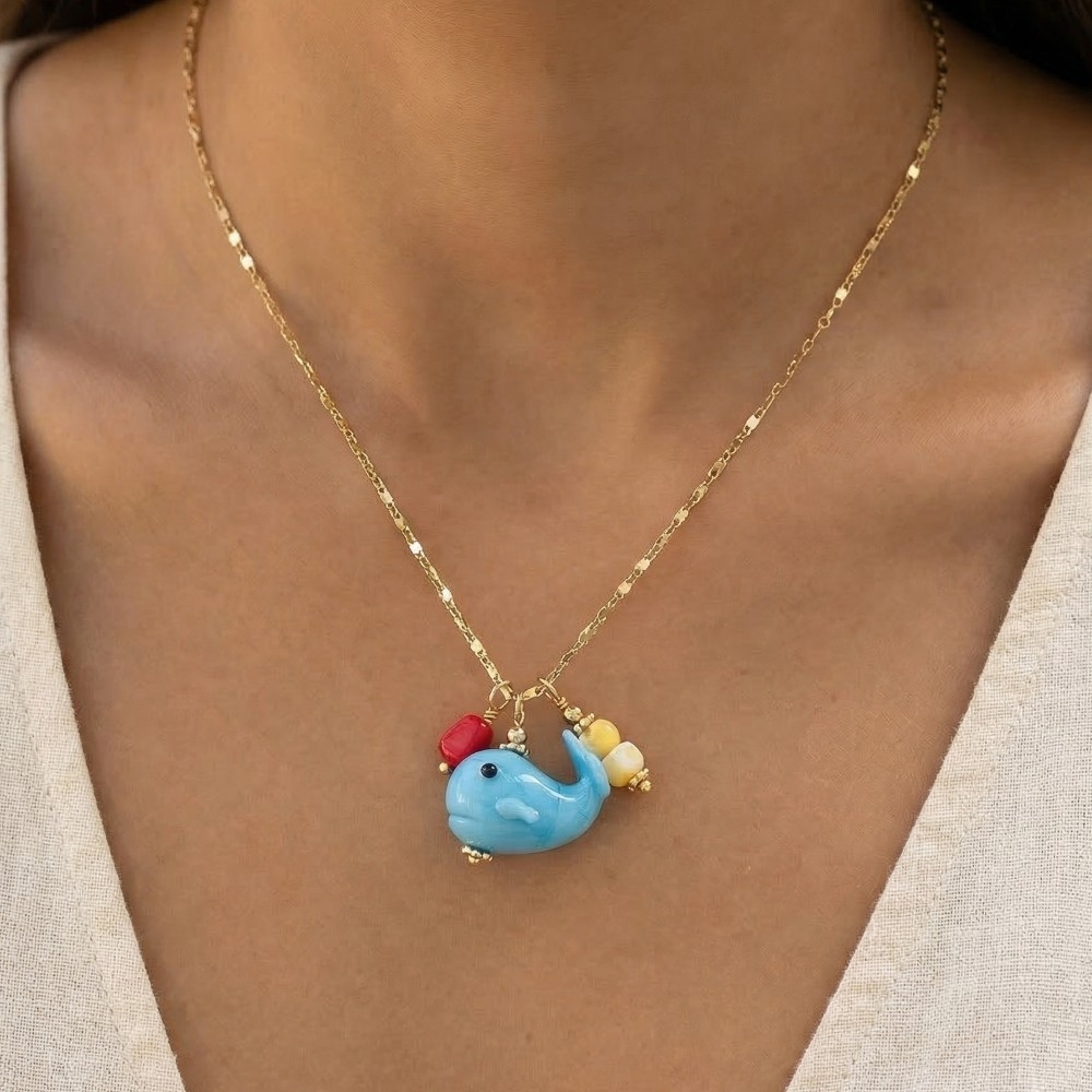 Blue Whale And Beads Multi Pendant Chain Necklace