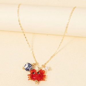Red Crab Pearl And Floral Ceramic Bead Multi Pendant Chain Necklace