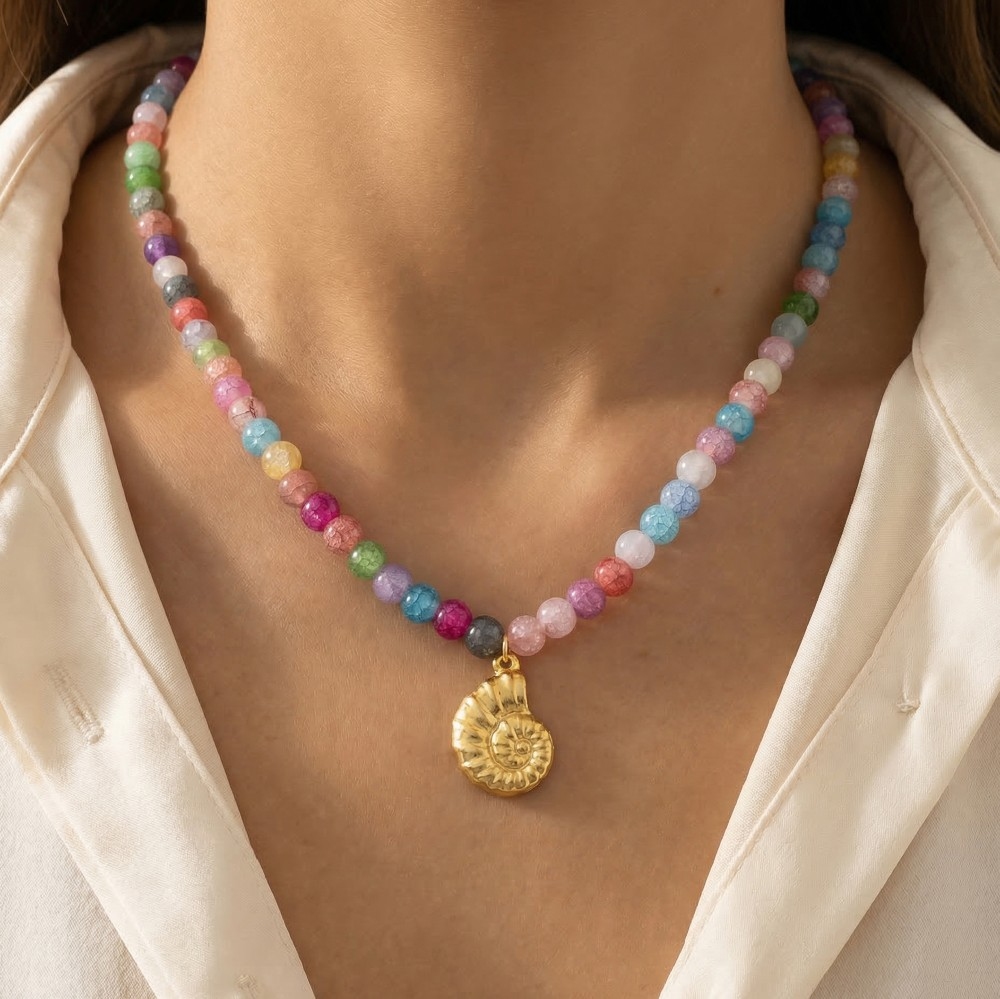 Spiral Shell Pendant Beaded Necklace