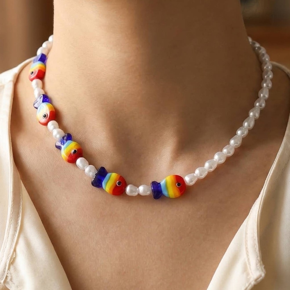 Pearl And Rainbow Fish Beads Necklace
