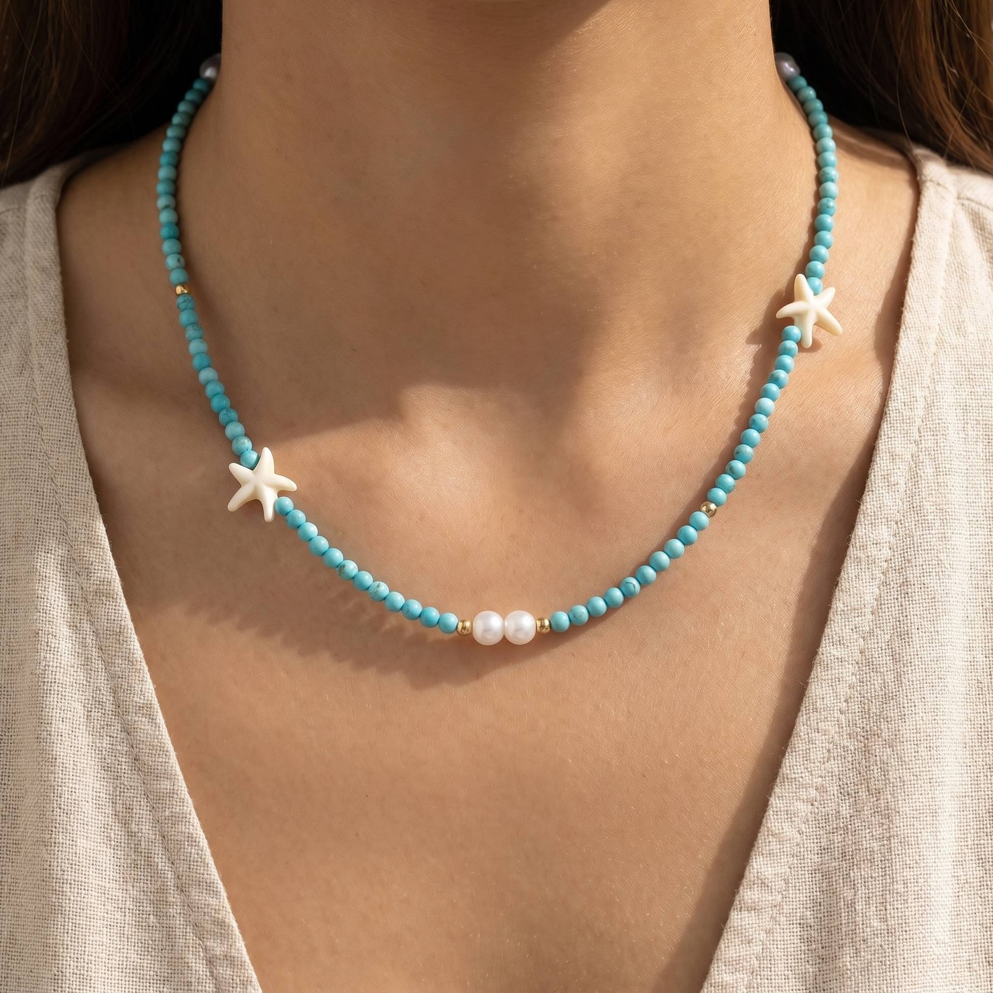 Pearl And Starfish Turquoise Beaded Necklace