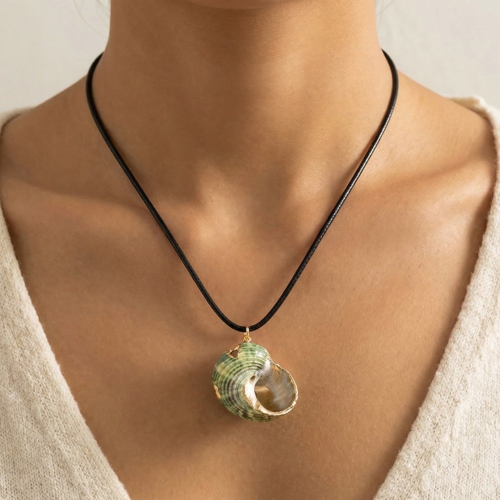 Metallic Accent Large Green Sea Snail Shell Pendant Cord Necklace