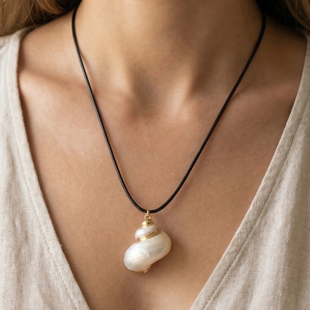 Metallic Accent Pearly Sea Snail Shell Pendant Cord Necklace