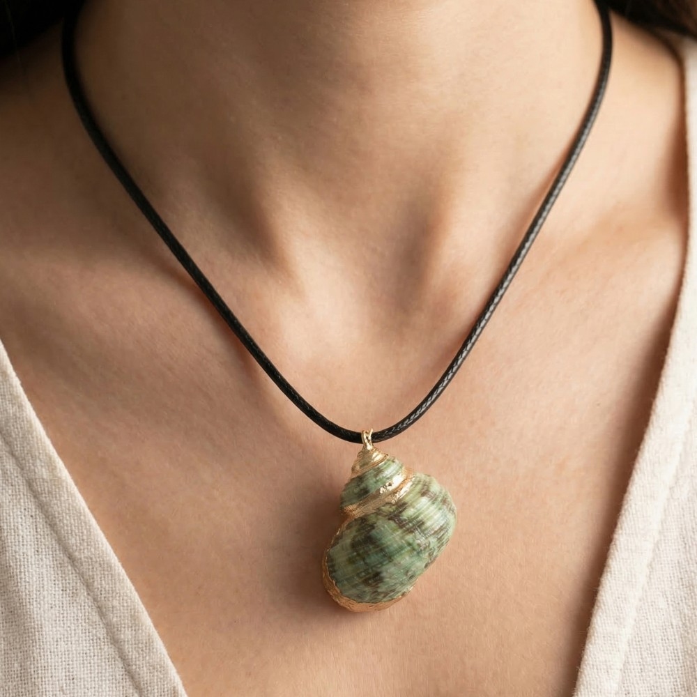 Metallic Accent Green Sea Snail Shell Pendant Cord Necklace