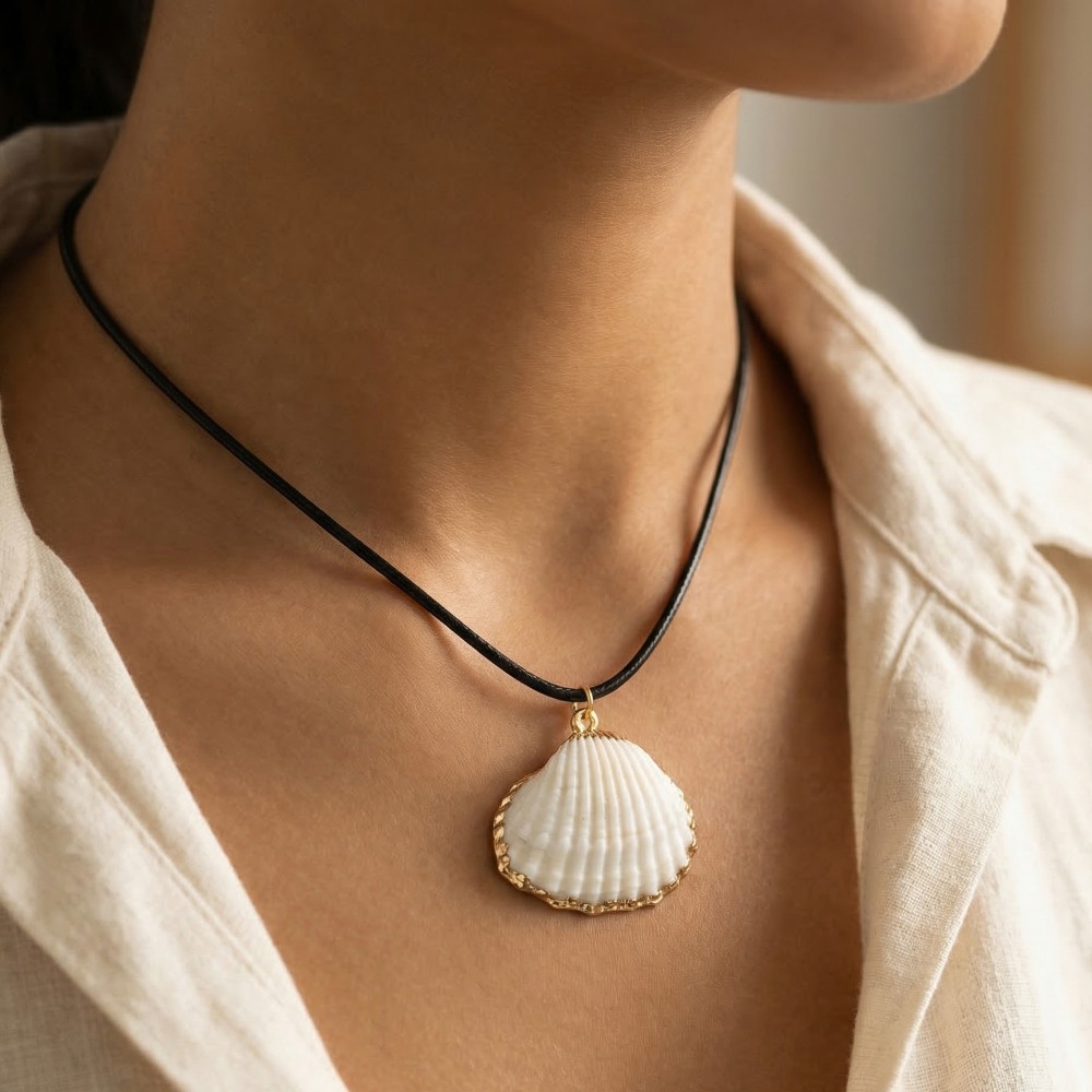 Metallic Accent Clam Shell Pendant Cord Necklace