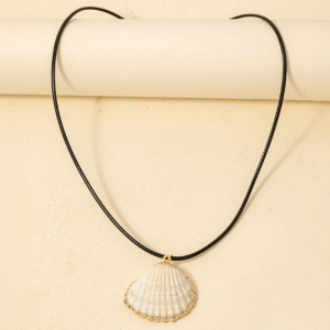 Metallic Accent Clam Shell Pendant Cord Necklace