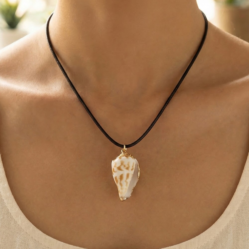 Metallic Accent Cone Shell Pendant Cord Necklace