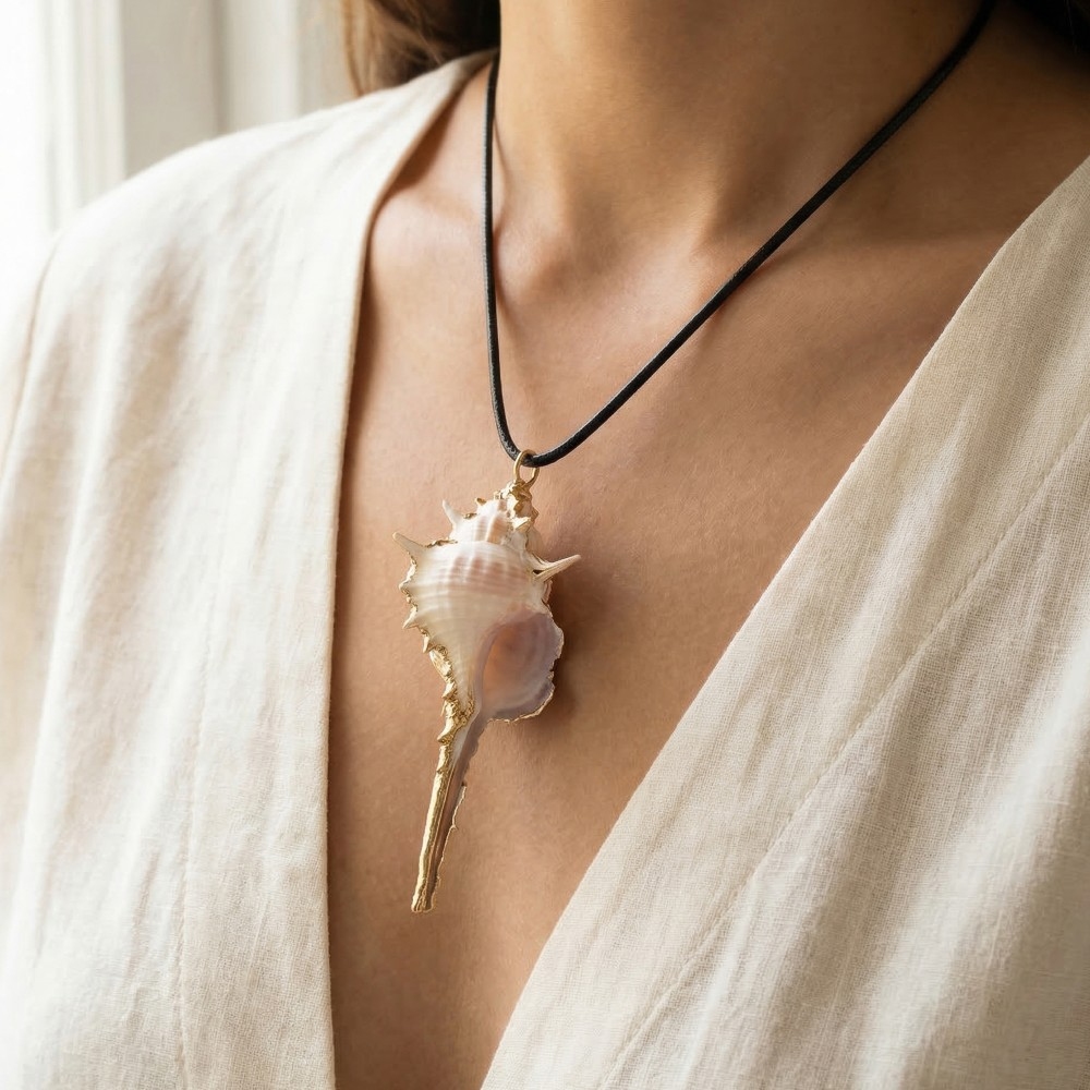 Metallic Accent Murex Sea Shell Pendant Cord Necklace