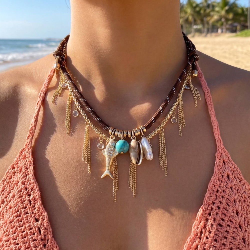 Sea Life Charms Chain And Cord Layered Necklace