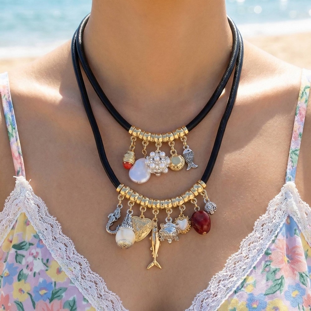 Hearts Pearl and Ocean Charms Layered Cord Necklace