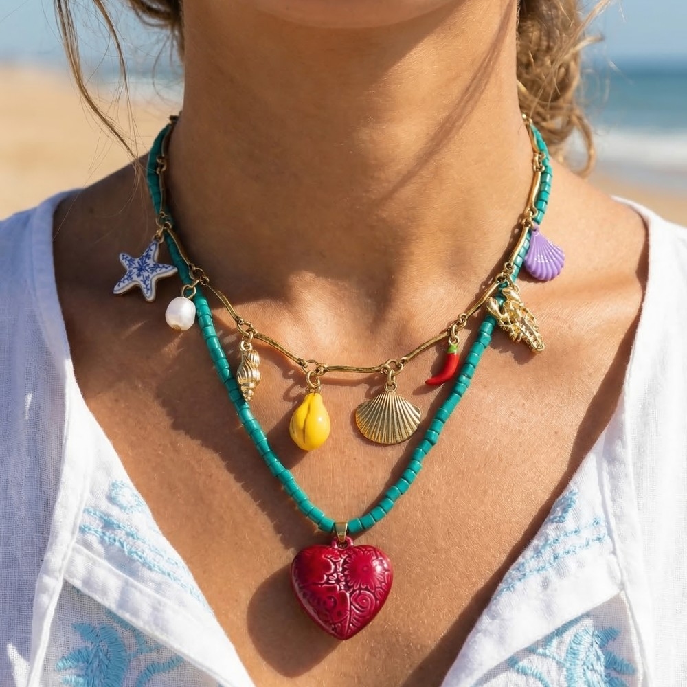 Sea Life Heart and Fruit Charms Layered Beaded Necklace