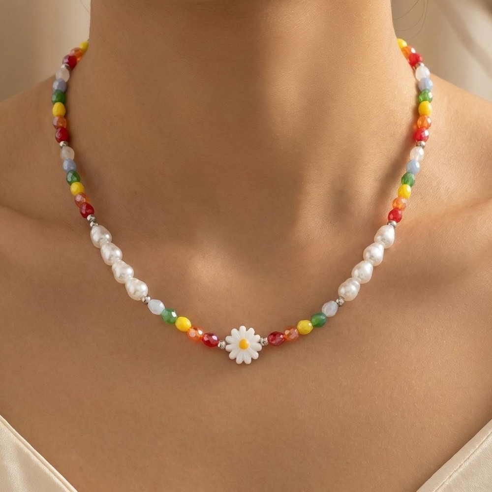 Rainbow Beaded Flower Necklace