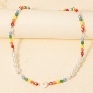 Rainbow Beaded Flower Necklace