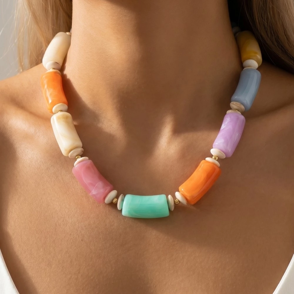 Large Marble Resin Tube Beads Necklace