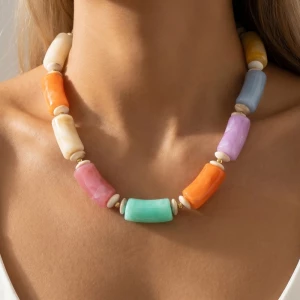 Large Marble Resin Tube Beads Necklace