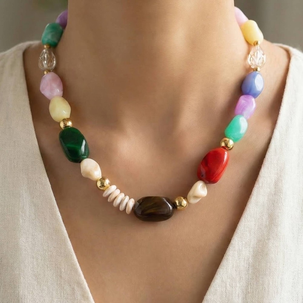 Intricate Chunky Resin And Metallic Beads Necklace