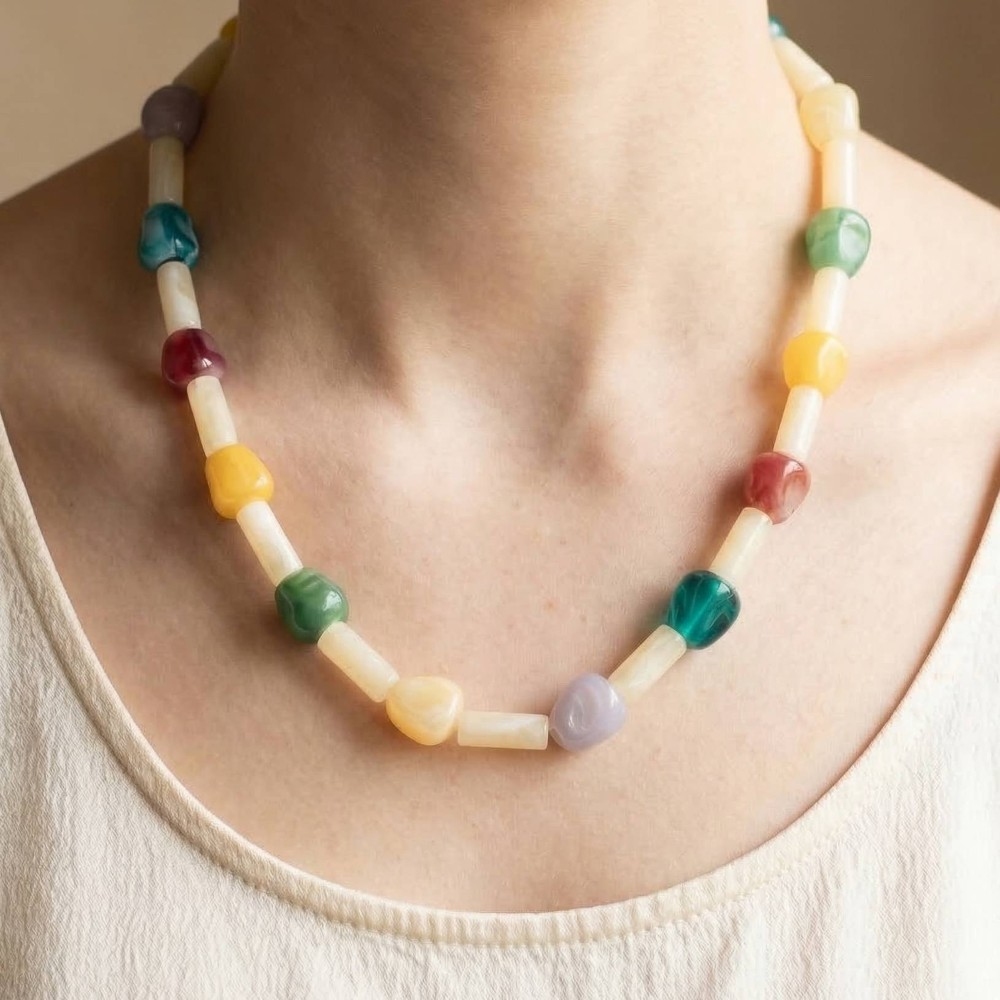 Marble Resin Cylinders And Beads Necklace