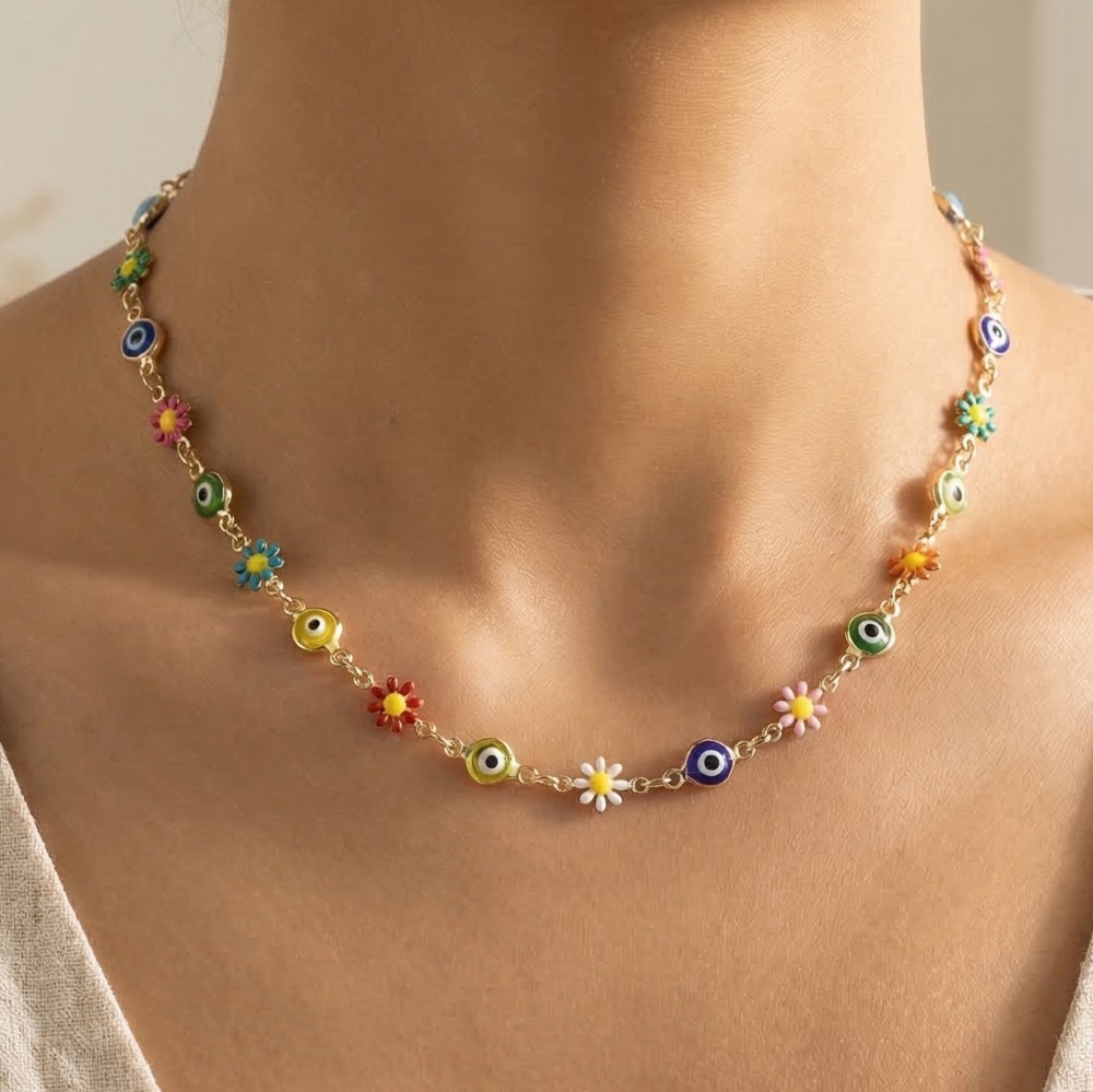 Multi Evil Eye Flower Station Necklace