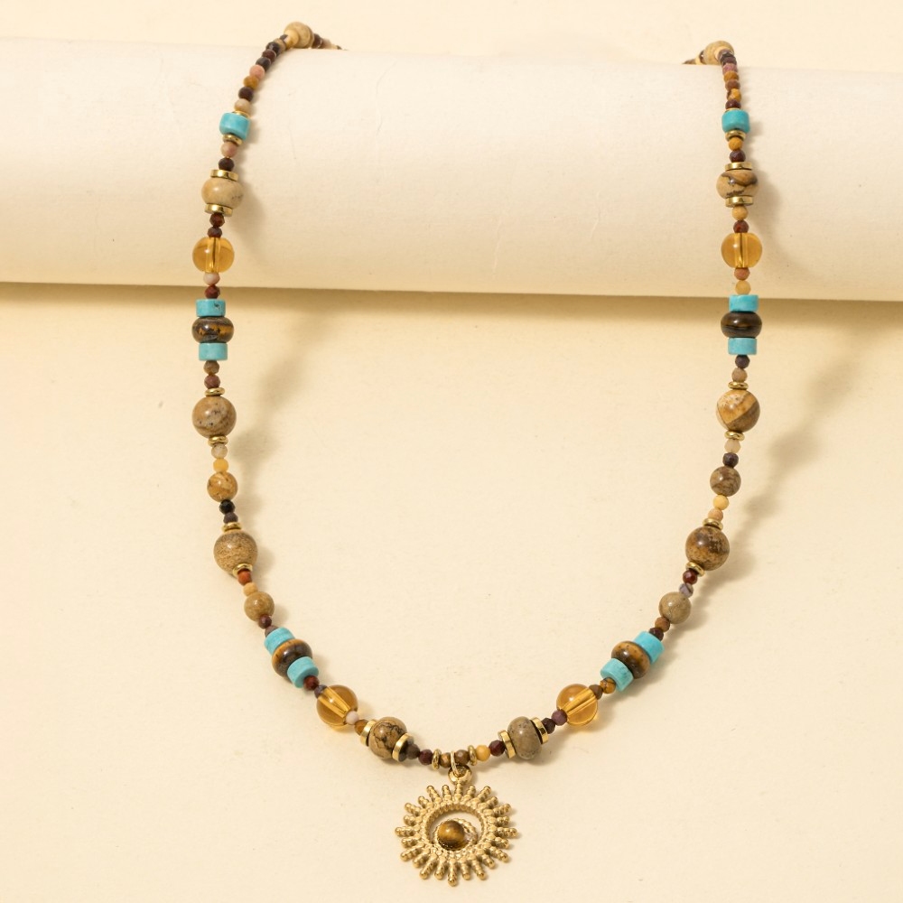 Assorted Beads Circle Sunburst Pendant Necklace