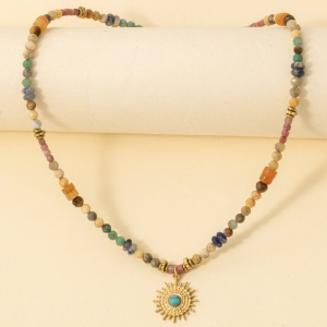 Turquoise Stud Sun Pendant Mixed Beaded Necklace