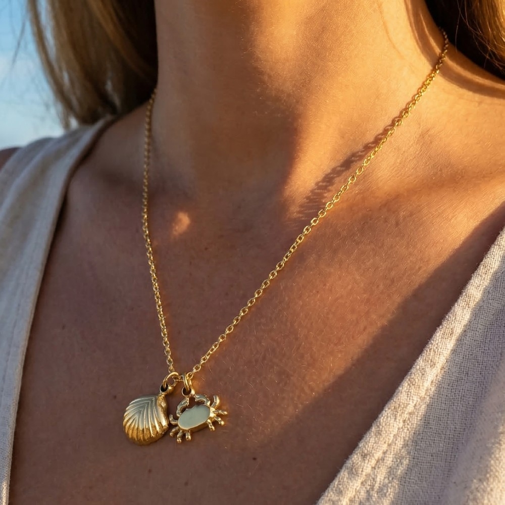 Stainless Steel Crab And Shell Pendant Necklace