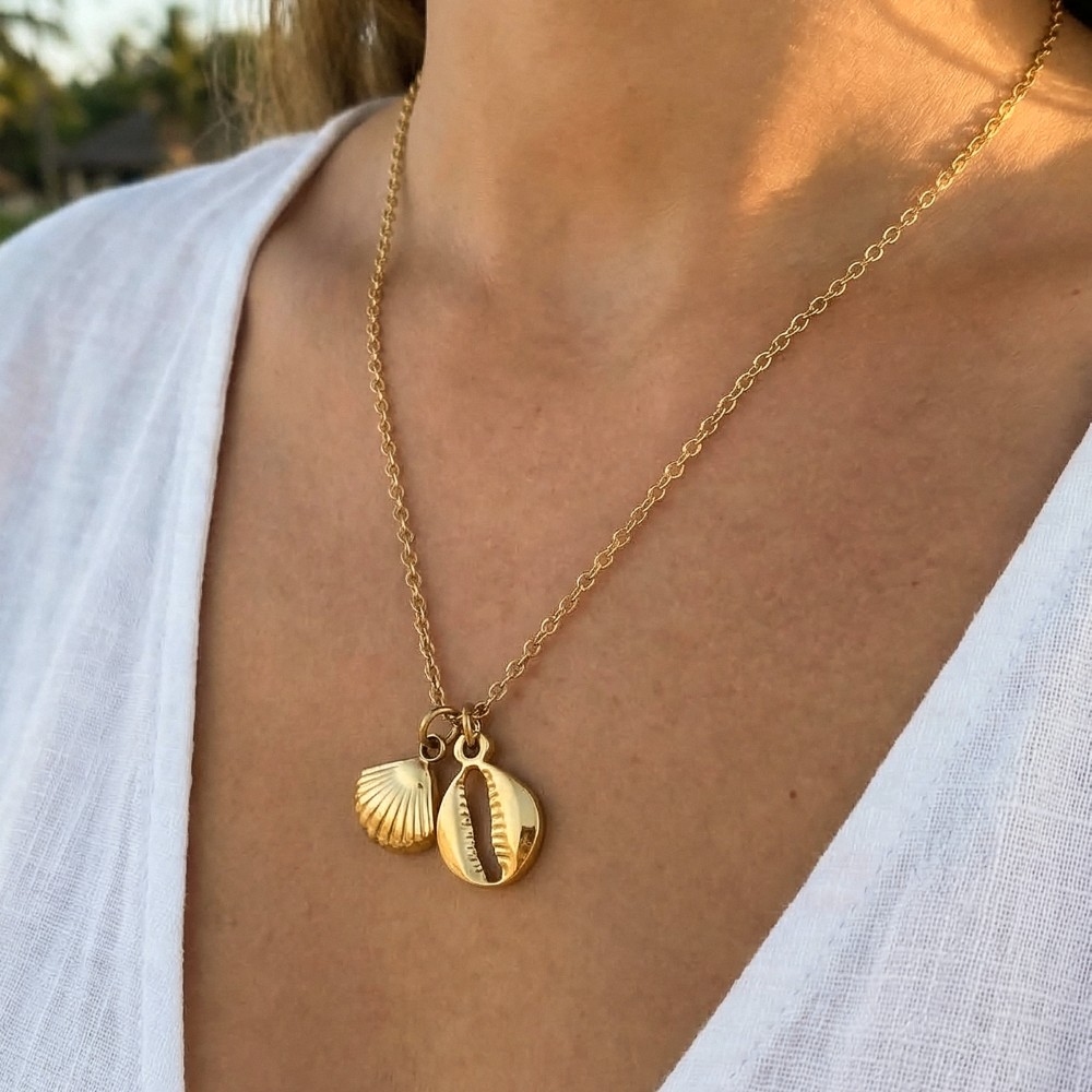 Stainless Steel Double Sea Shell Pendant Necklace