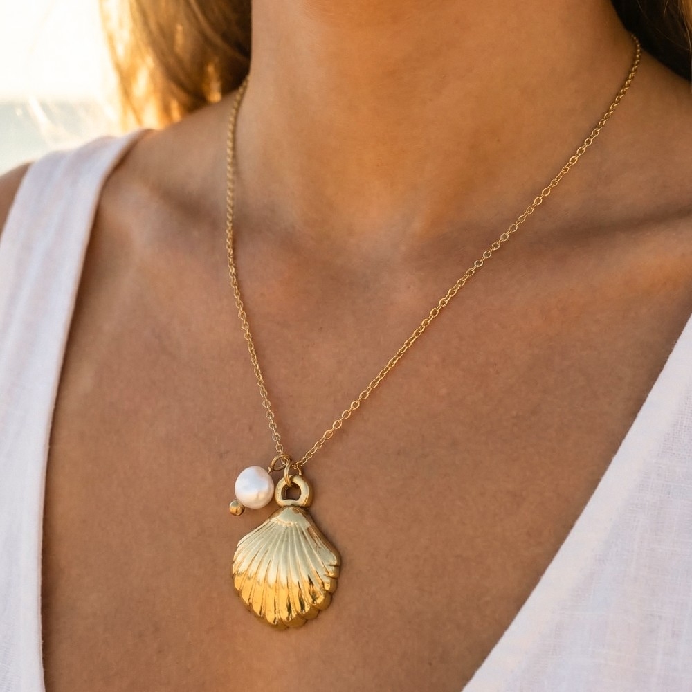 Stainless Steel Pearl And Shell Pendant Necklace