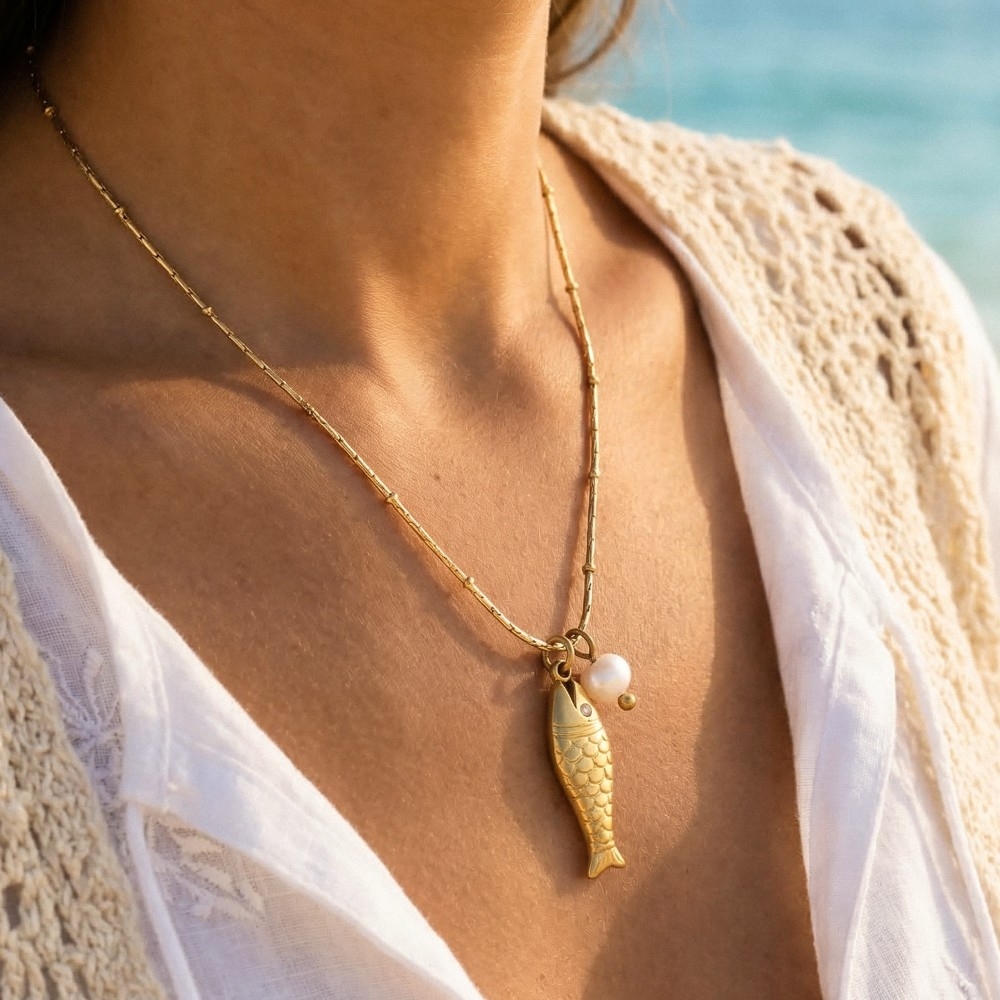 Stainless Steel Fish And Pearl Pendant Necklace