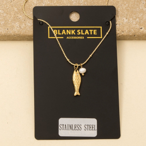 Stainless Steel Fish And Pearl Pendant Necklace