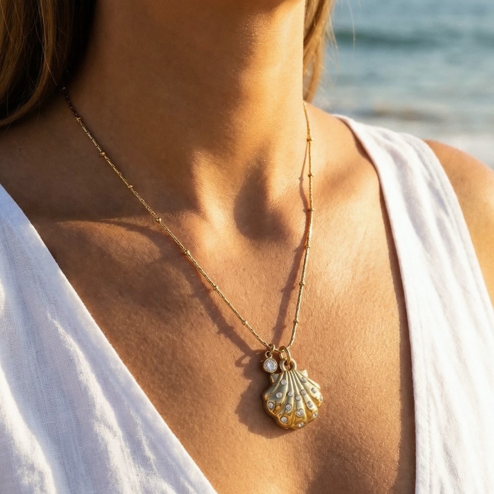 Stainless Steel Studded Sea Shell Pendant Necklace