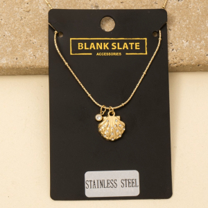 Stainless Steel Studded Sea Shell Pendant Necklace