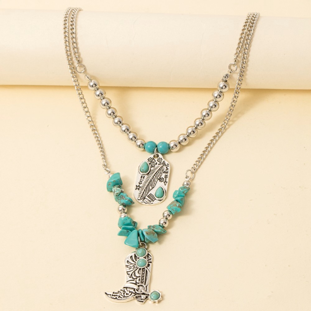 Engraved Cowboy Boot And Tag Turquoise Beads Layered Chain Necklace