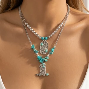 Engraved Cowboy Boot And Tag Turquoise Beads Layered Chain Necklace