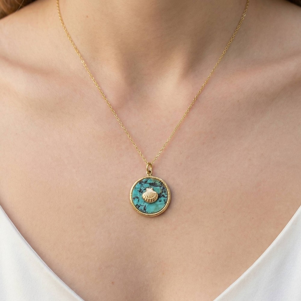 Stainless Steel Semiprecious Stone Shell Coin Pendant Necklace