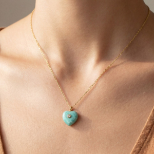 Stainless Steel Stone Heart Crystal Accent Pendant Necklace