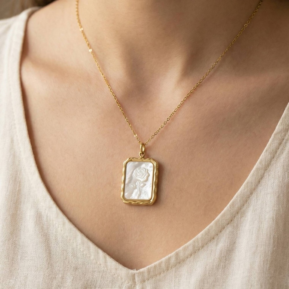 Mother Of Pearl Rose Rectangle Pendant Necklace
