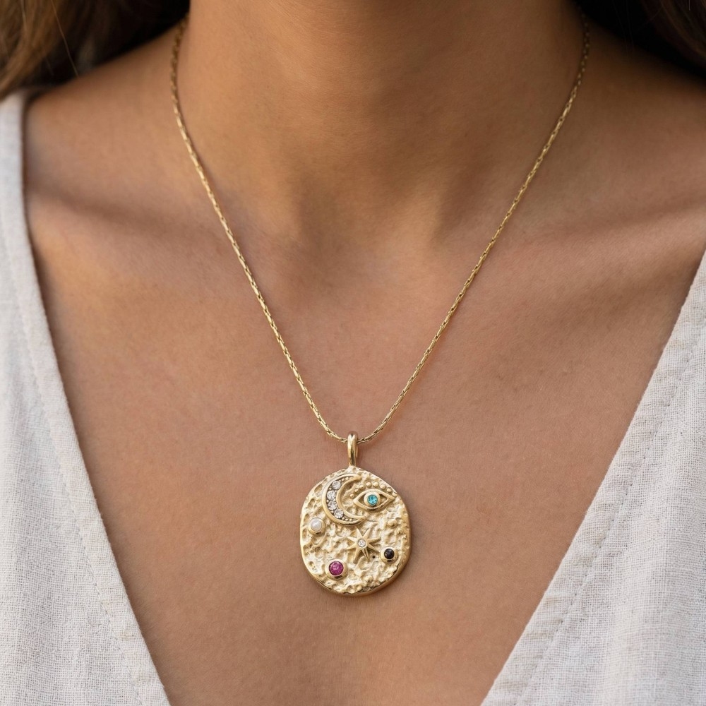 Celestial Eye And Moon Crystal Coin Pendant Necklace