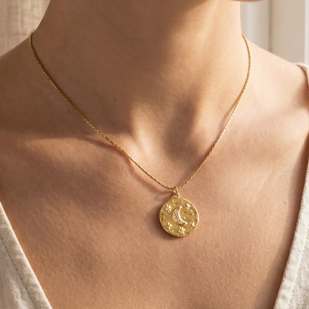 Crescent Moon And Stars Crystal Coin Pendant Necklace