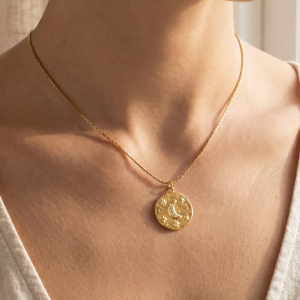 Crescent Moon And Stars Crystal Coin Pendant Necklace