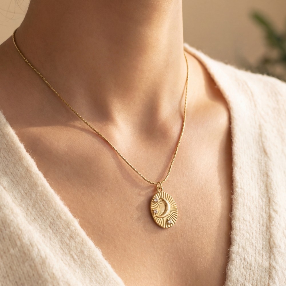 Sunray Crescent Moon Crystal Oval Pendant Necklace