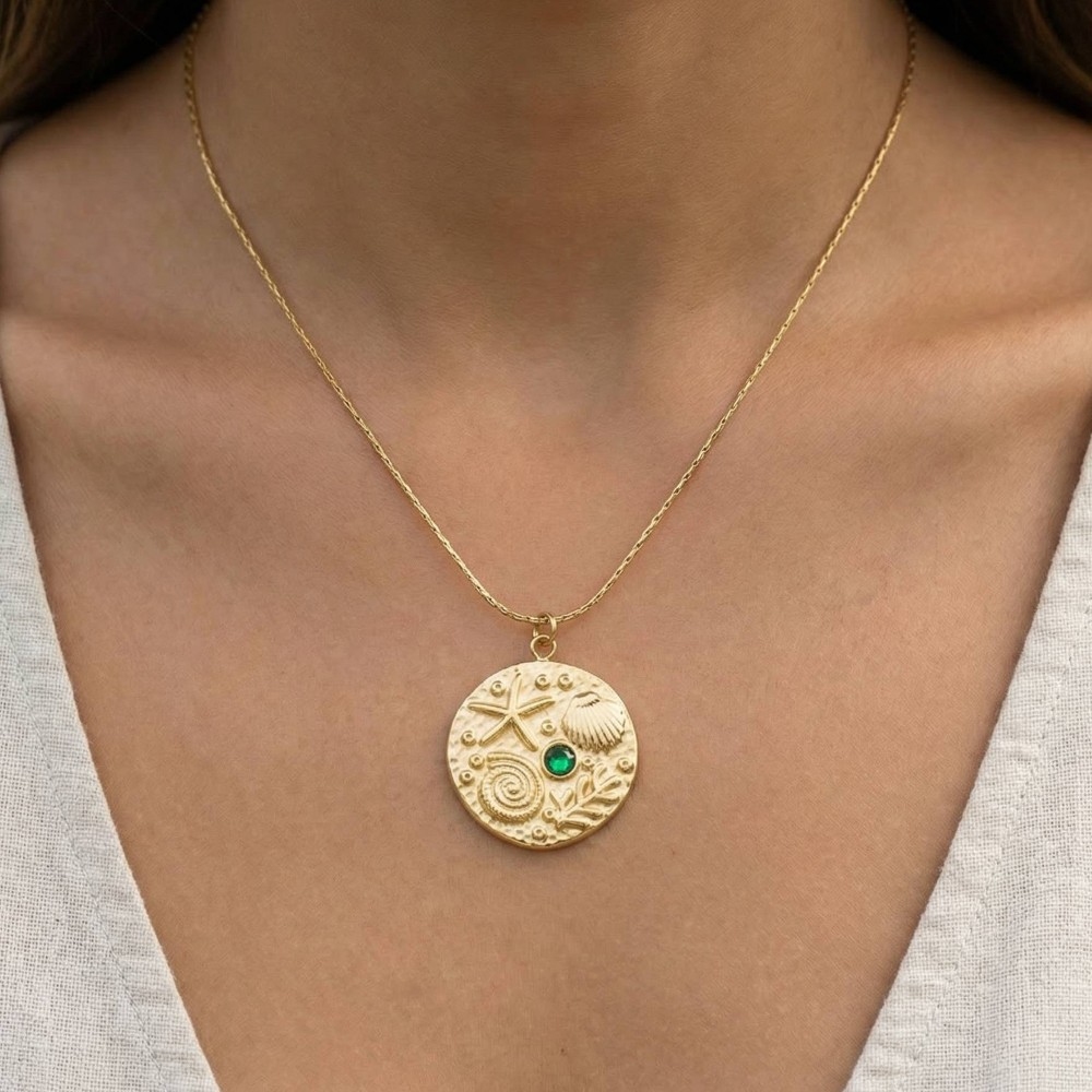 Ocean Motif Crystal Accent Coin Pendant Necklace