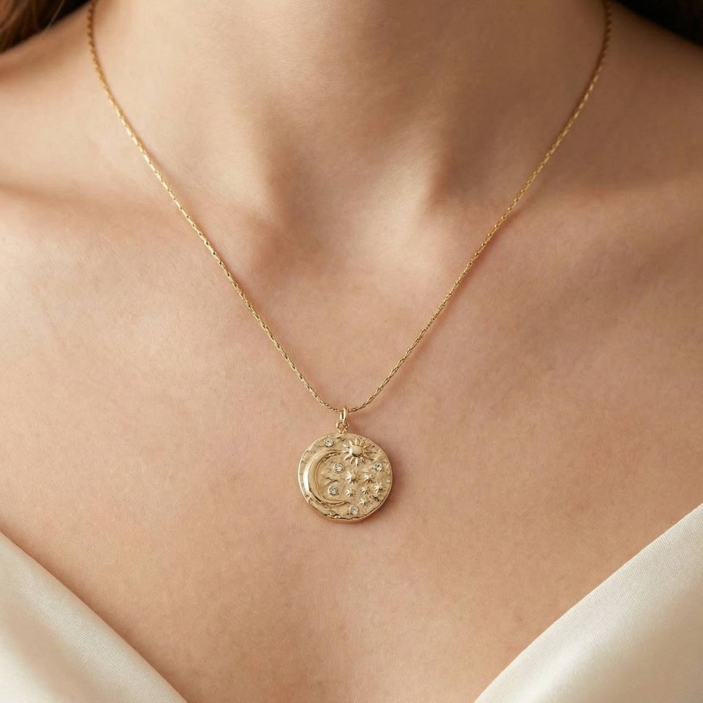 Celestial Moon And Sun Crystal Coin Pendant Necklace