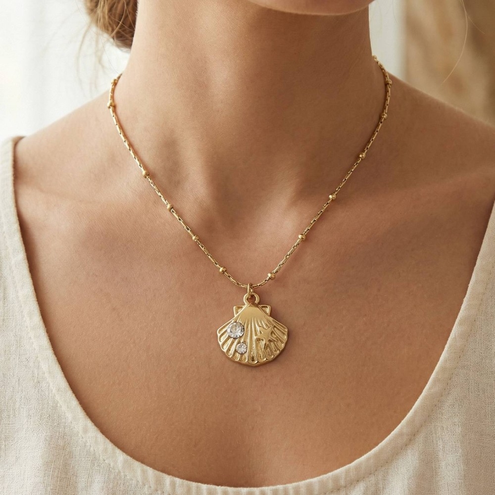 Crystal Accent Seashell Charm Pendant Necklace